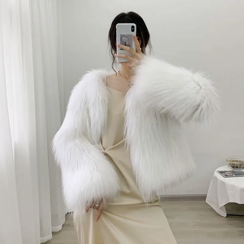 Fox Fur Jacket Fluffy Jacket Warm Luxury Designer Women Clothing Short Faux Fur Coat Long Sleeve Korean Chic Coat Party Dress