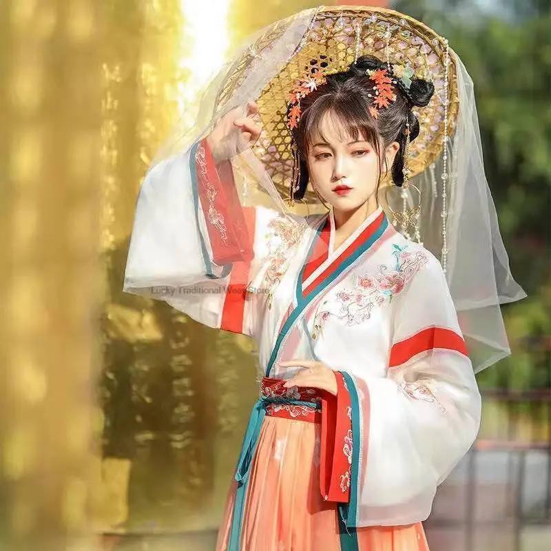 Chinese Traditional Ancient Weijin Dynasty Women Crossed Collar Hanfu  Flower Printed Fairy Long Dress Dance Hanfu Costume