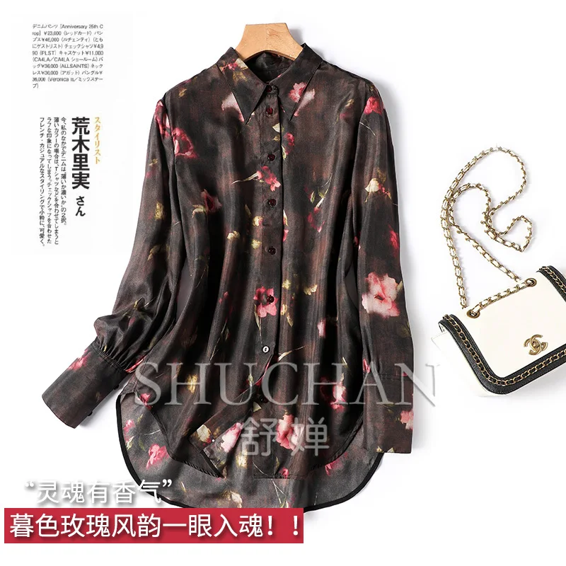 

Natural Silk Shirt and Blouse Women 2024 New Print Flower Camisa Feminina Women Tops Blusas Mujer