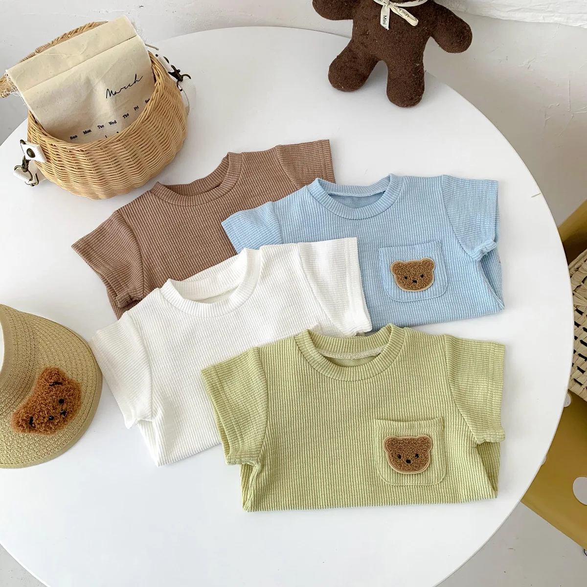 2025 Baby Summer Newborn Baby Boys Bodysuit Bear Round neck Short Sleeve Solid Cotton Triangle Romper Toddler Boys Jumpsuit 3