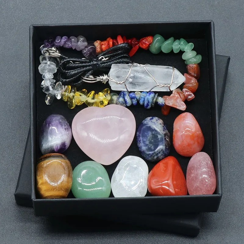 Čakra joga reiki kámen sada pro hojení meditace přírodní broušené sklo kameny křemen gemstones řetízek sbírka domácí dekorace řemeslo