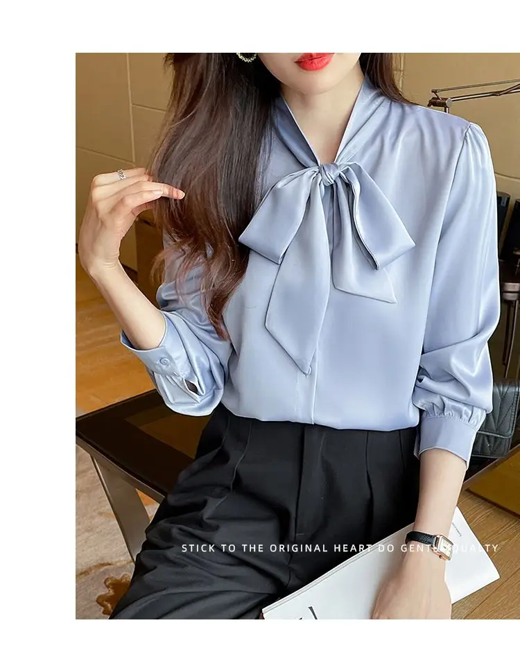 Korean Lacing Loose Solid Blouse Spring Autumn New Chiffon Long Sleeve All-match Elegant Shirt Tops Fashion Office Women Clothes