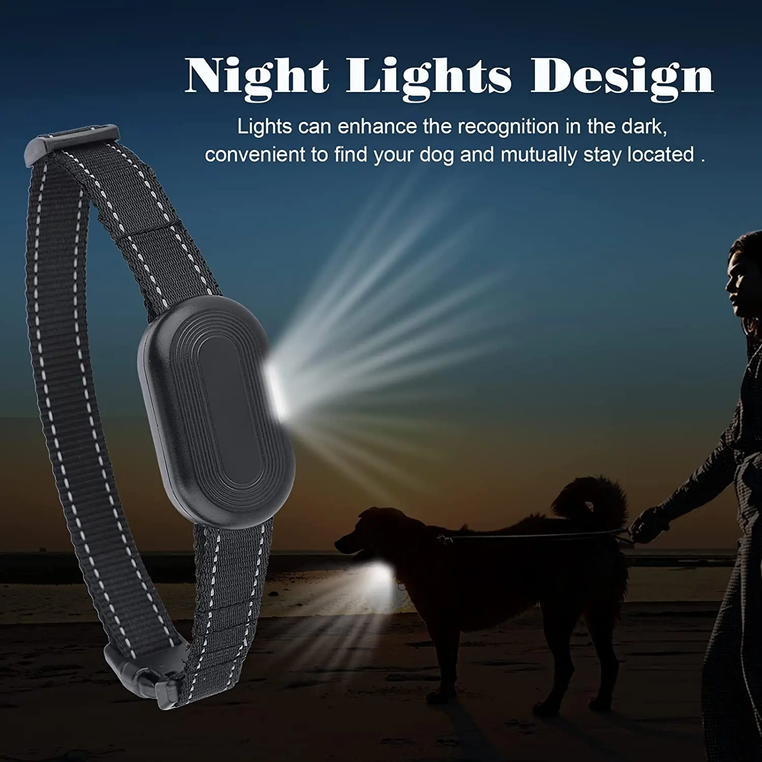 A night-time scene showing a dog on a beach. The training collar emits a bright white light from the receiver, making the dog easily visible in the dark. The text emphasizes that these "Night Lights" help keep the dog located.