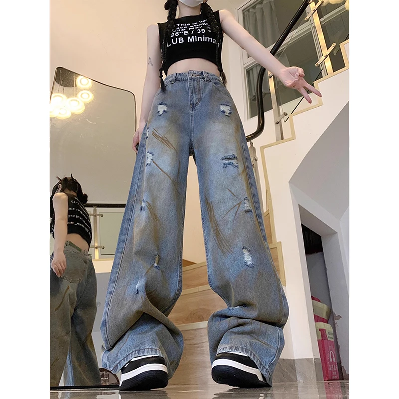 

2000S American Vintage Straight Jeans High Street Style High Waist Pants Women's Casual Baggy Y2K Wide Leg Grunge Denim Trouser