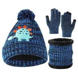 Winter Hats Scarf With Gloves Knitted Winter Sets With Cute Dinosaur Print Winter Gifts Neck Scarves For Boys Girls 2-8 Winter