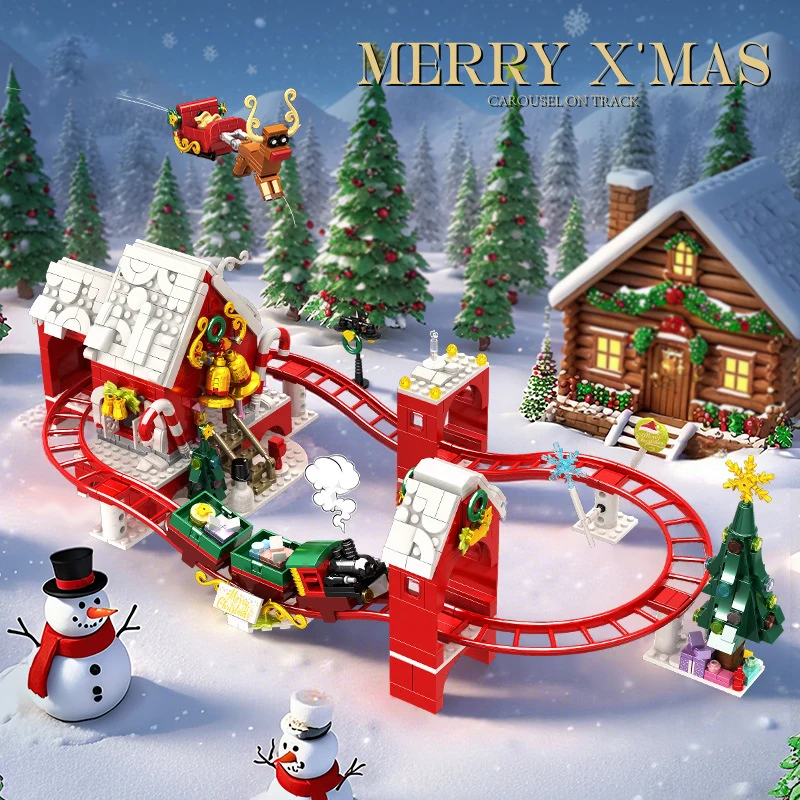 Christmas Gift Sante Holiday Rail Train Carousel Track Christmas Santa Decorations Model Building Blocks Bricks Kids Toys Gift