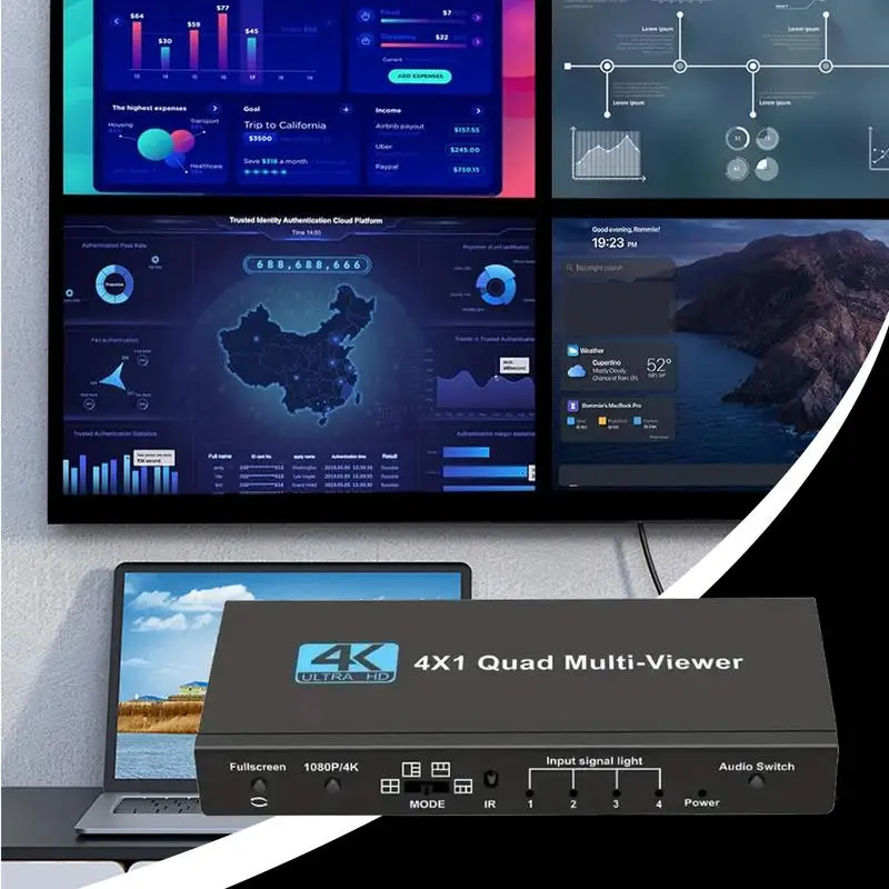 TV Splitter TV Screen Adapter 4-in-1 Digital Seamless Multi-Display Adapter 4K For Game Setup Conference Room Security