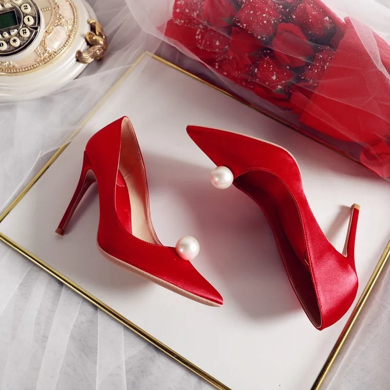 2024 New Pointed White Pearl 7cm Thin High Heel Women's Red Bridal Wedding Shoes 3
