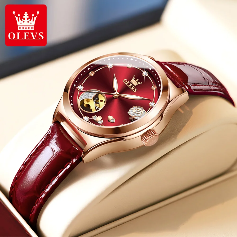 OLEVS Brand Luxury Mechanical Watch Women Leather Strap Waterproof Simple Fashion Gold Hollow Watches Ladies Relojes Para Mujer