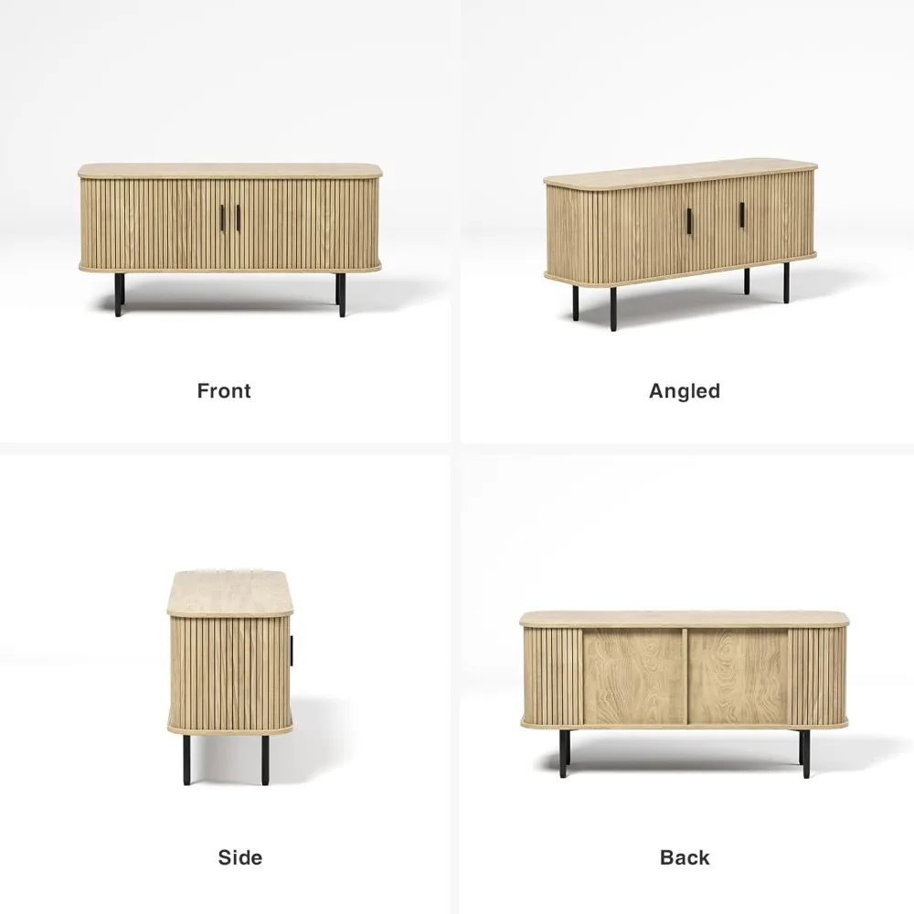 TV Cabinet.47''W Natural Storage Cabinet, Media Console, Tambour TV Stand, Television Stands with Curvy Edge; Sliding Door 3