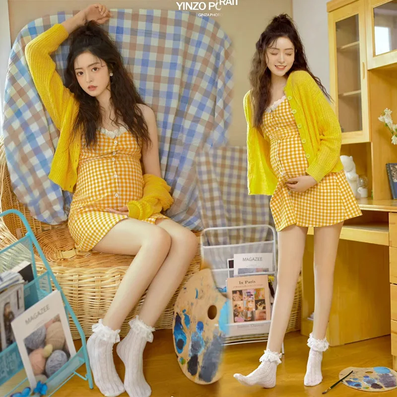 Dvotinst Women Photography Props Maternity Pregnancy Yellow Strap Dress Cardigan 2pcs Set Studio Shooting Photoshoot Clothes