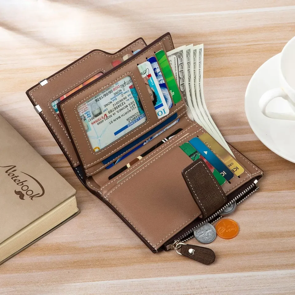 Custom Engraved Photo Wallet For Men - Personalized Brown PU Leather Travel Wallet For Father's Day & Gifts