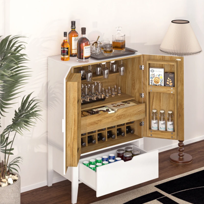 Bar Cabinet,Wine Bar Cabinet,Liquor Storage Credenza,Sideboard with Wine Racks & Stemware Holder,Wine glass holder,White+Brown