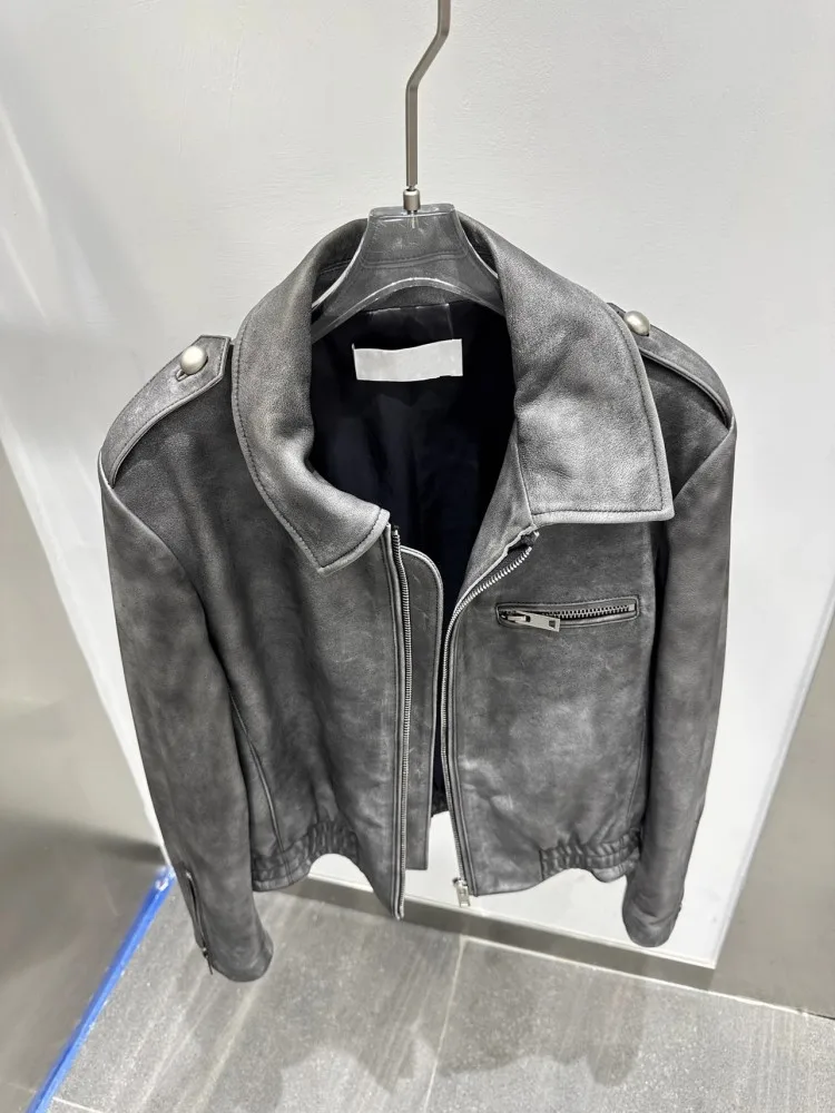 Runway Designer Women Vintage Real Cowhide Jacket Motorycle Biker Genuine Leather Coat Luxury Autumn Winter Natural Leather Coat