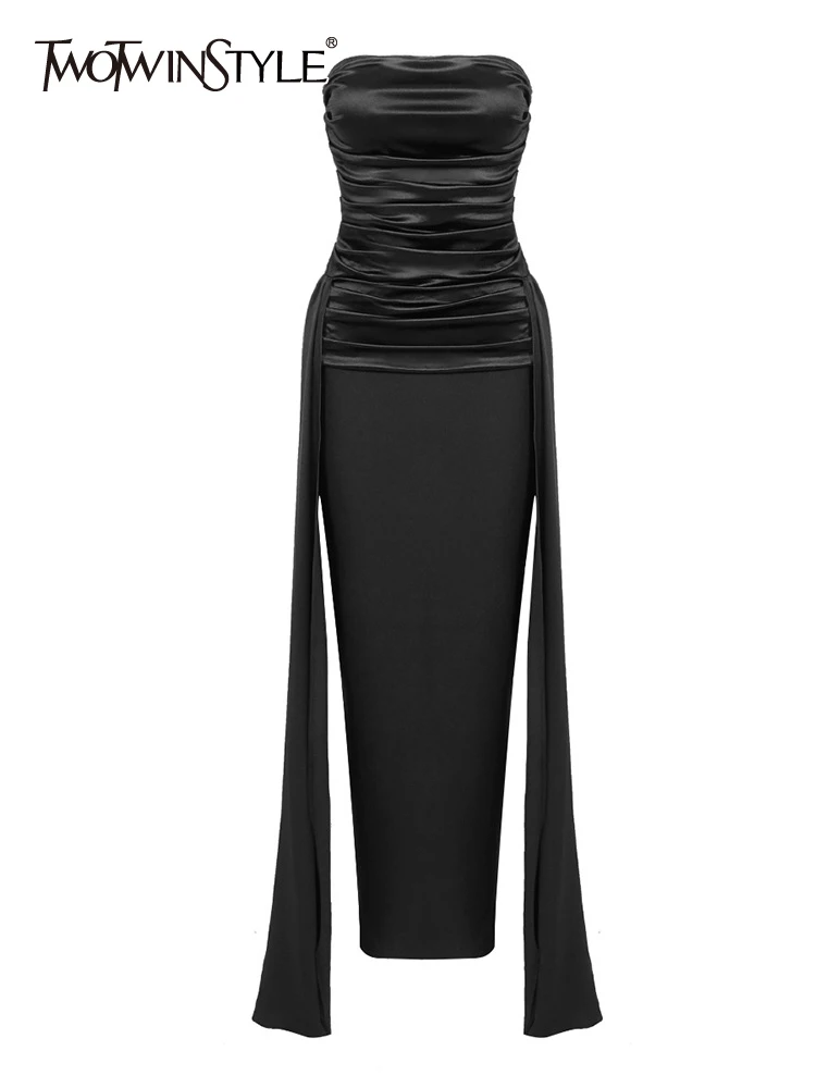 

TWOTWINSTYLE Split Bodycon Dresses For Women Strapless Sleeveless High Waist Slim Temperament Dress Female Fashion Clothing New