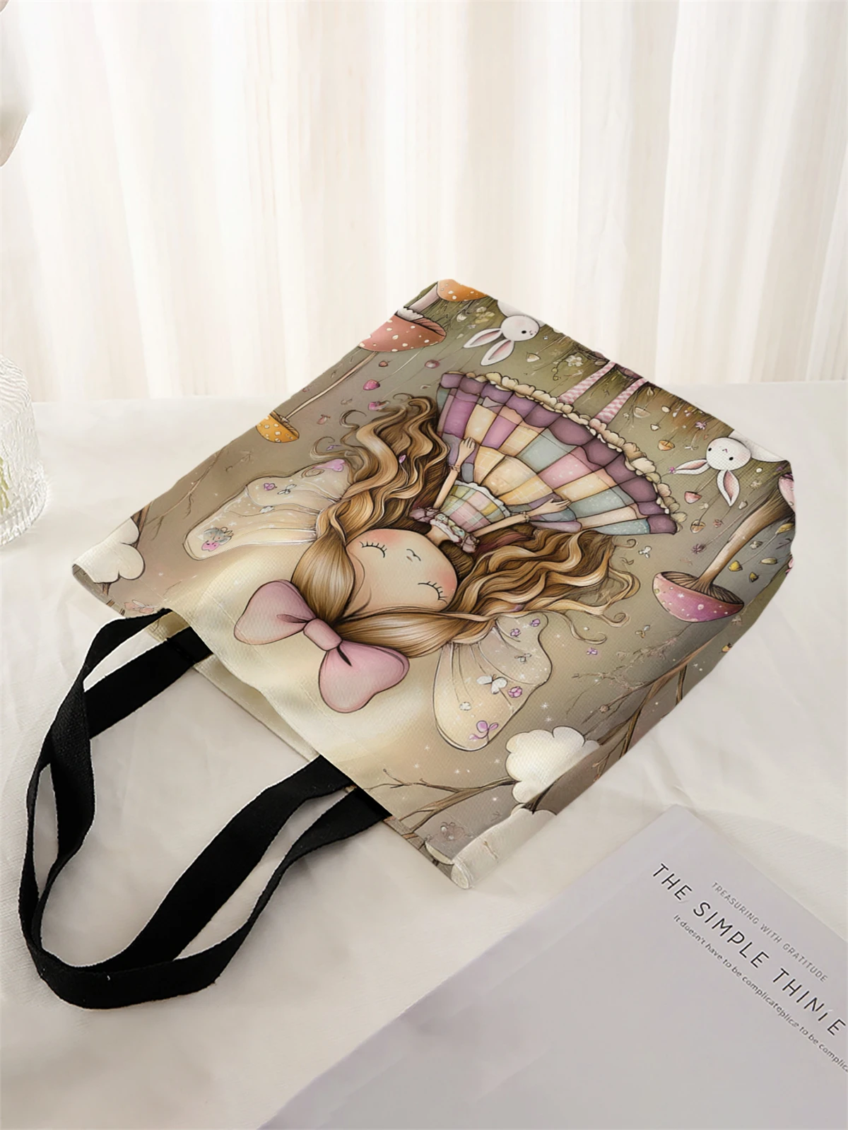 1 piece, cute girl pattern handbag, reusable fashionable handbag, multifunctional handbag, printed canvas shopping bag