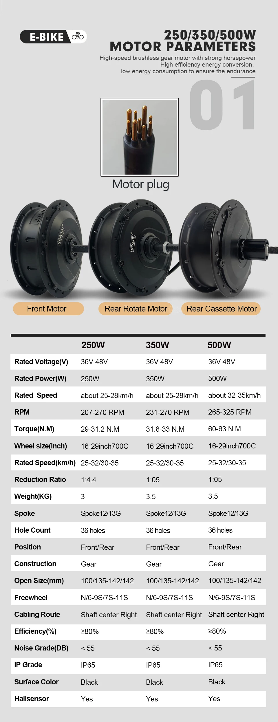 250W 350W 500W 36V 48V MTB Electric Bike Front Rear Wheel