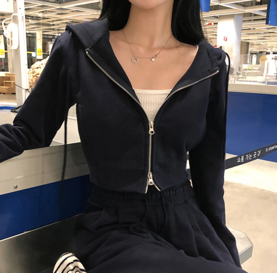 Korean Fashion Streetwear 2-piece Pants Set Women Tracksuit Autumn New Hooded Zip-up Crop Top Long Pants Casual Solid Outfits