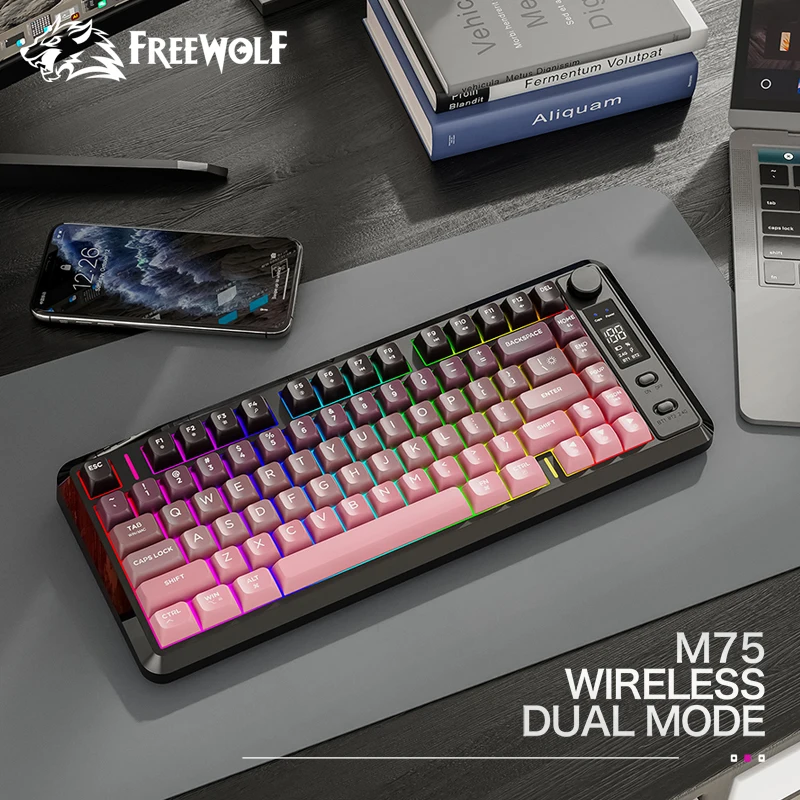 FREEWOLF M75 무선 블루투스 키보드 82키 듀얼 모드 2.4G BT PBT 키캡 스마트 디스플레이 2000mAh 게이밍 키보드 Win Mac