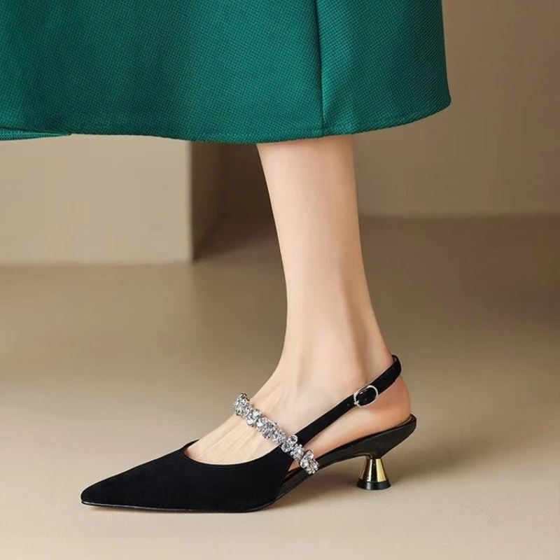 2025 Women Sandals Ladies Sexy Buckle Rhinestone High Heels Female Casual Shoes Golden Silver Point Toe Trend Summer Pumps 4