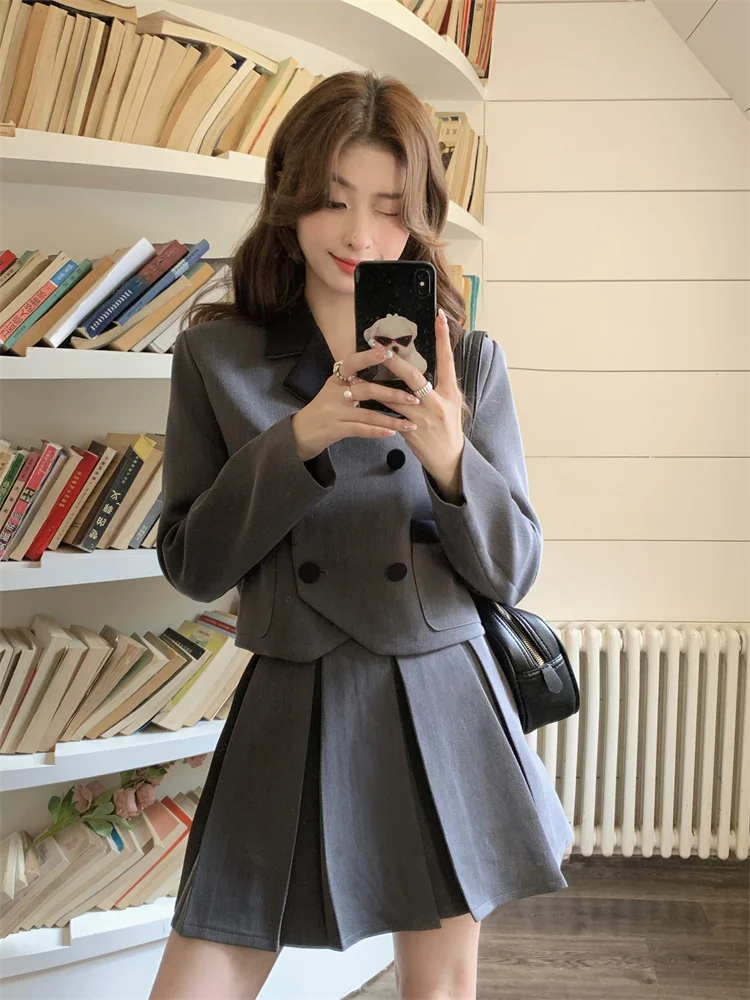 

Autumn New Korean Version Fashion Two-piece Set Women's 2023 Solid Color Jacket + Mini Short Skirt Temperament Evening Dresses