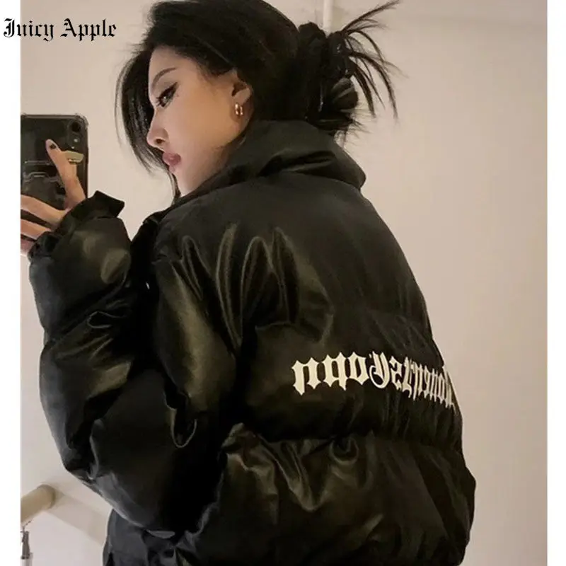 Juciy Apple Bomber Woman Varsity Jacket Thicken Pu Black Winter Down