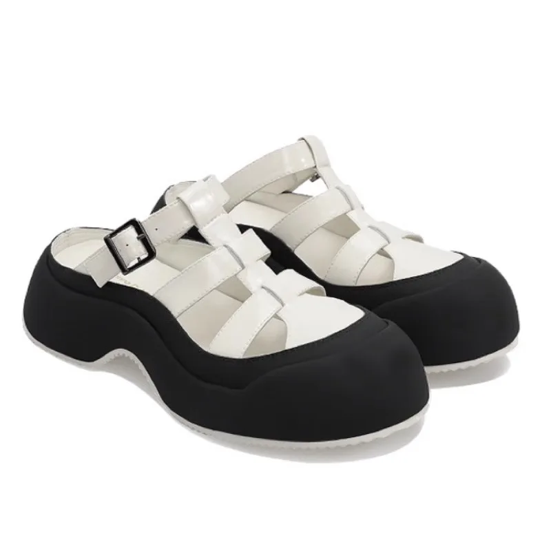 

Hollow Platform Round Toe Half Slippers Round Toe Casual Elevated Woven Sandals Women Outdoor Beach Shoes Sandalias Mujer Verano