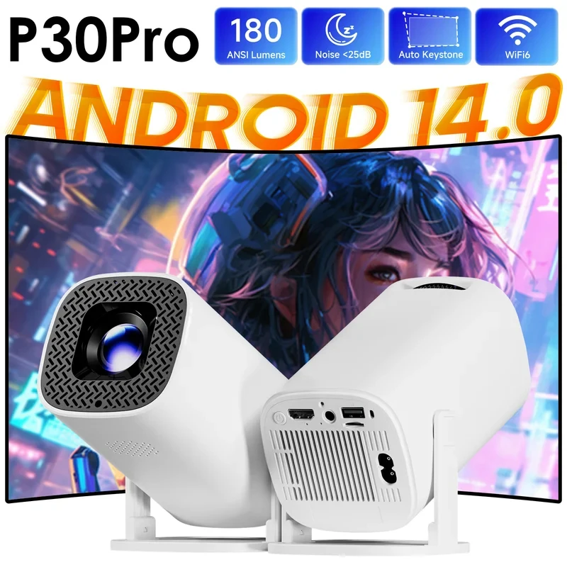 P30PRO 안드로이드 14 스마트 미니 프로젝터 WiFi6 BT 5.0 4K 1280 * 720P 지원 스크린 미러링 홈시어터 프로젝터