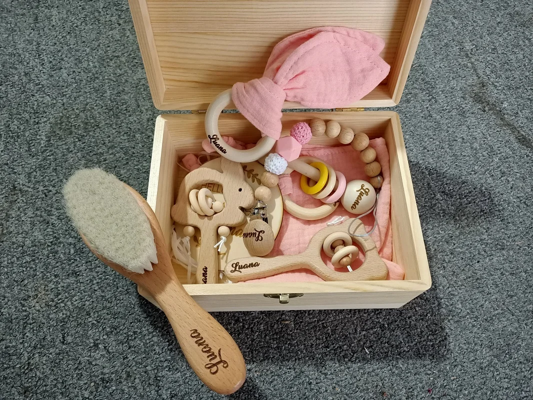 

Personalized Baby Gift Box, Wooden Rattle Newborn Gift, Custom Wood Keepsake Box, Baby Teething Gift New Mom Gift Pacifier