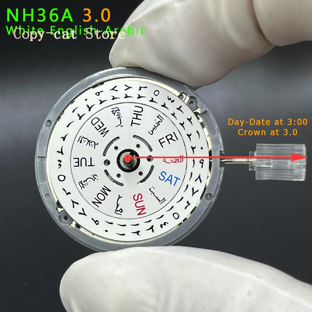 Mod NH36A 아랍어 버전  NH36 자동 기계식 무브먼트 블랙 화이트 Datewheel Crown at 3.0 3.8 O'Clock