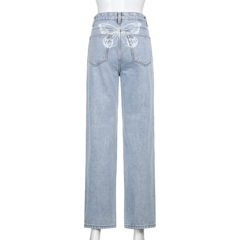 straight leg jeans JMPRS Fashion Butterfly Print Women Jeans High Waist Loose Wide Leg Denim Pants Y2K Mom Boyfriend Capris Straight Trousers 90s zara jeans