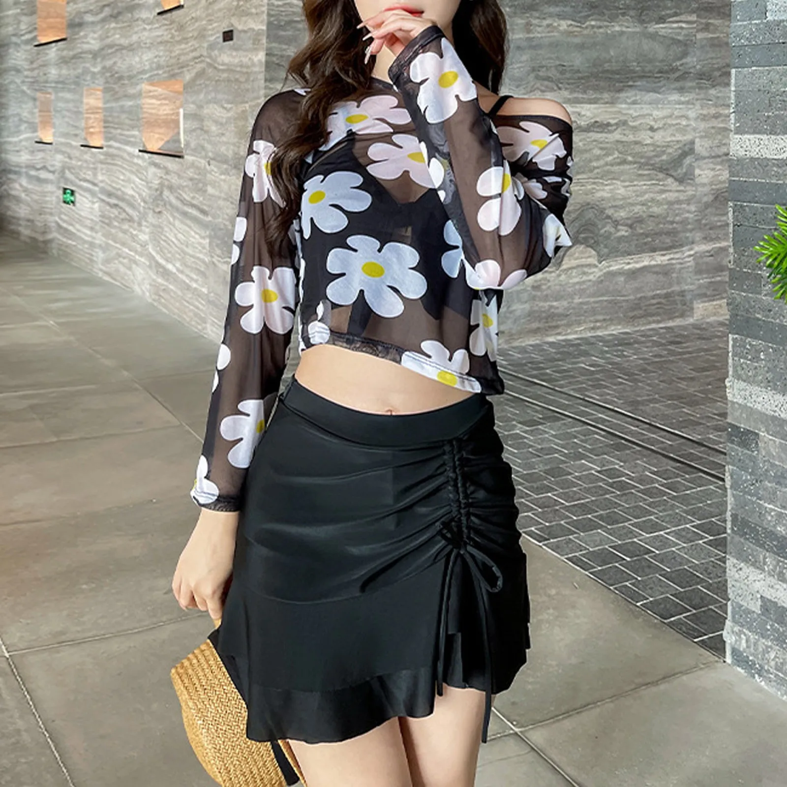 

Women Fashionable Long Sleeved Flower Print Drawcord Split Three Piece Swimsuit