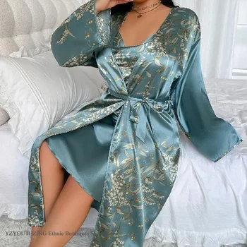 Plus Size 3XL 4XL 5XL Women Long Robe Negligee Print Cherry Kimono Bathrobe Gown Speing Summer Satin Sleepwear Loose Home Dress
