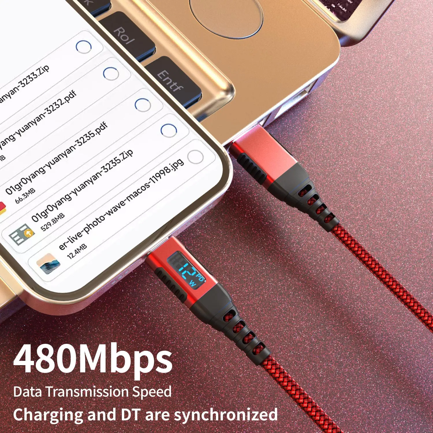 MFi 인증 USB-A to Lightning 고속 충전 케이블(LED 디스플레이 포함), 아이폰 8-14 및 아이패드용 12W 고속 충전