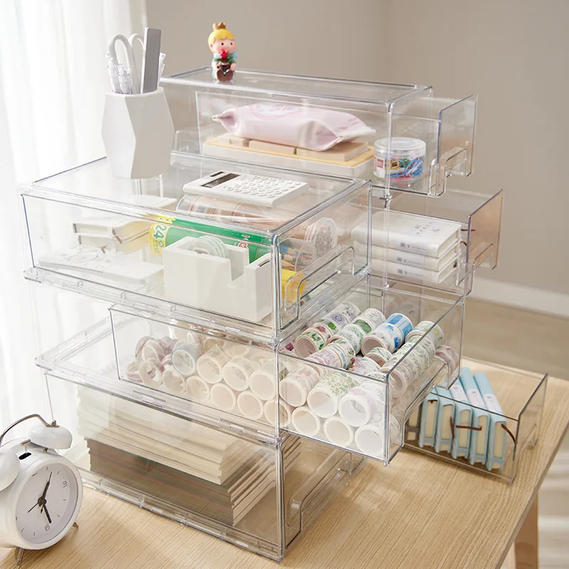 Stackable Transparent Desktop Drawer Type Storage Box Mini Cosmetic Storage Organizer Sundrie Holder Home Office