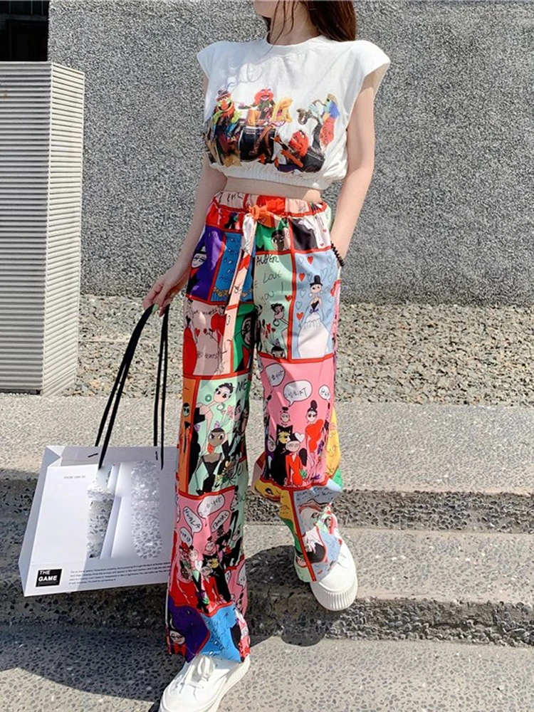 

Женский дизайнерский комплект из двух предметов, элегантная привлекательная короткая футболка и широкие брюки с граффити, летняя одежда