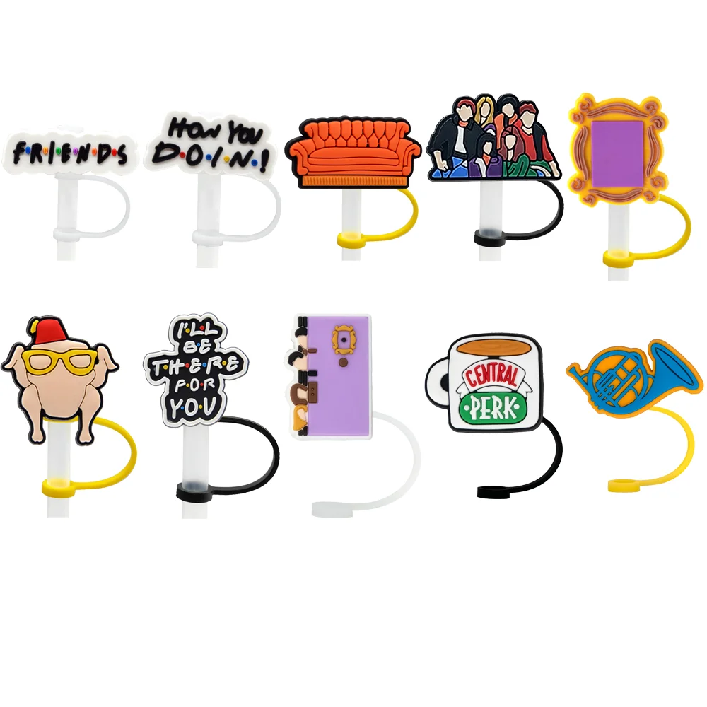 10 30PCS Cute Girl Straw Topper Classic Friends Silicone Straw Cover Cap for 8mm Drink Splashproof Plug Dustproof Tip straw cover