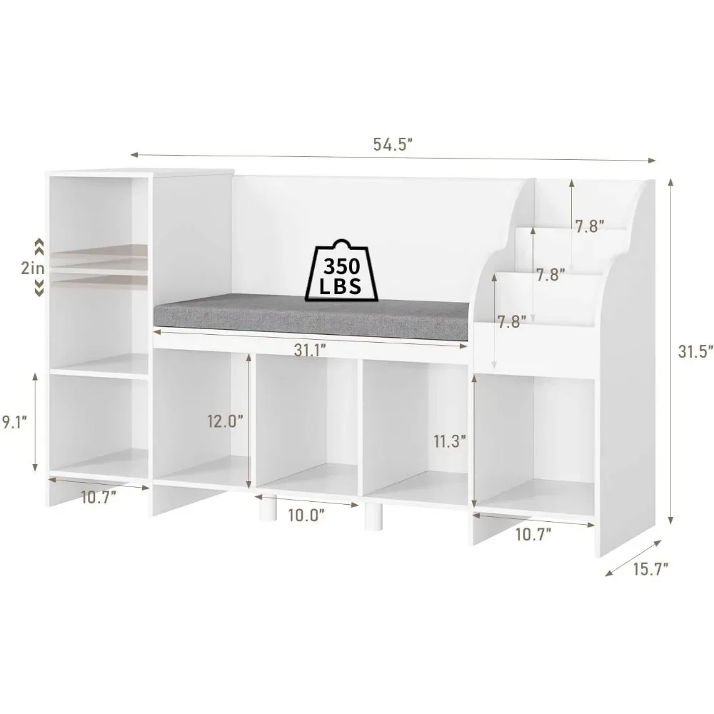 Bookcase with Seat Cushion and Adjustable Shelf, Storage Bench with Book Rack for Bedroom, Entryway,Playroom 4