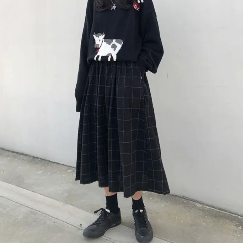 

DEEPTOWN Japanese Fashion Plaid Long Skirt Women High Waist A-line Loose Elegant Chic Vintage Pleated Midi Skirt Spring Classic