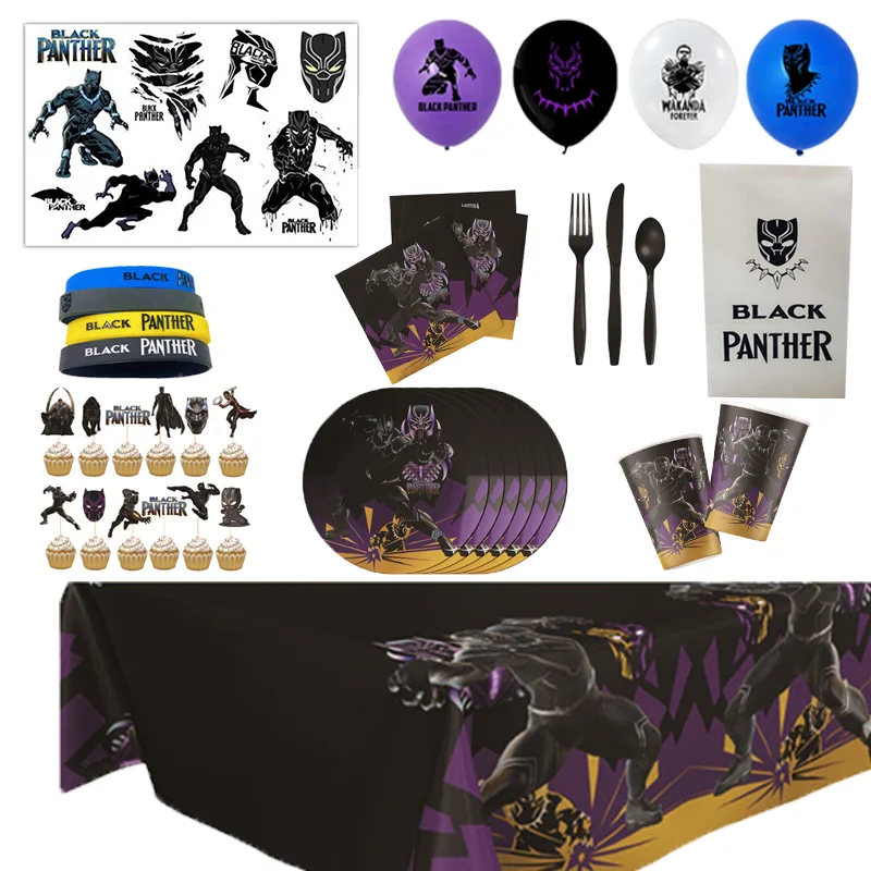 

Disney Black Panther Themed Party Decoration Supplies Set Children Birthday Banner Disposable Cup Plate Party Supplies Set