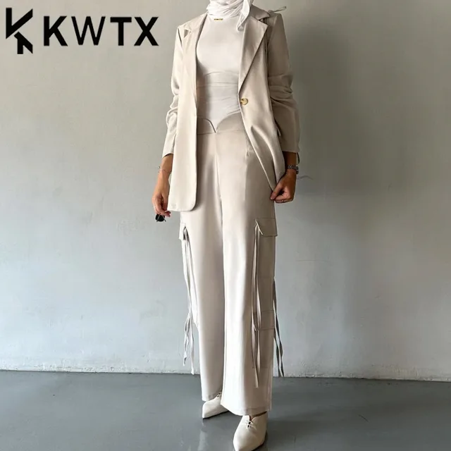 KWTX 2025 Spring Summer Women's Suit Set Multi Pocket Ribbon Blazer & Pants Two Piece Office Chic Outfit Casual Elegant 1 KWTX 2025 Spring Summer Women's Suit Set Multi Pocket Ribbon Blazer & Pants Two Piece Office Chic Outfit Casual Elegant 1