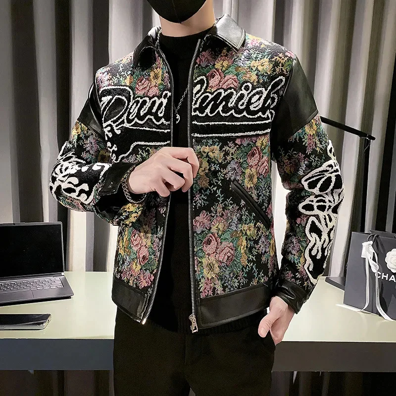 

High Quality Winter Jacquard Jacket Men Fashion Pu Splicing Bomber Casual Social Streetwear Coat Jaqueta Masculina