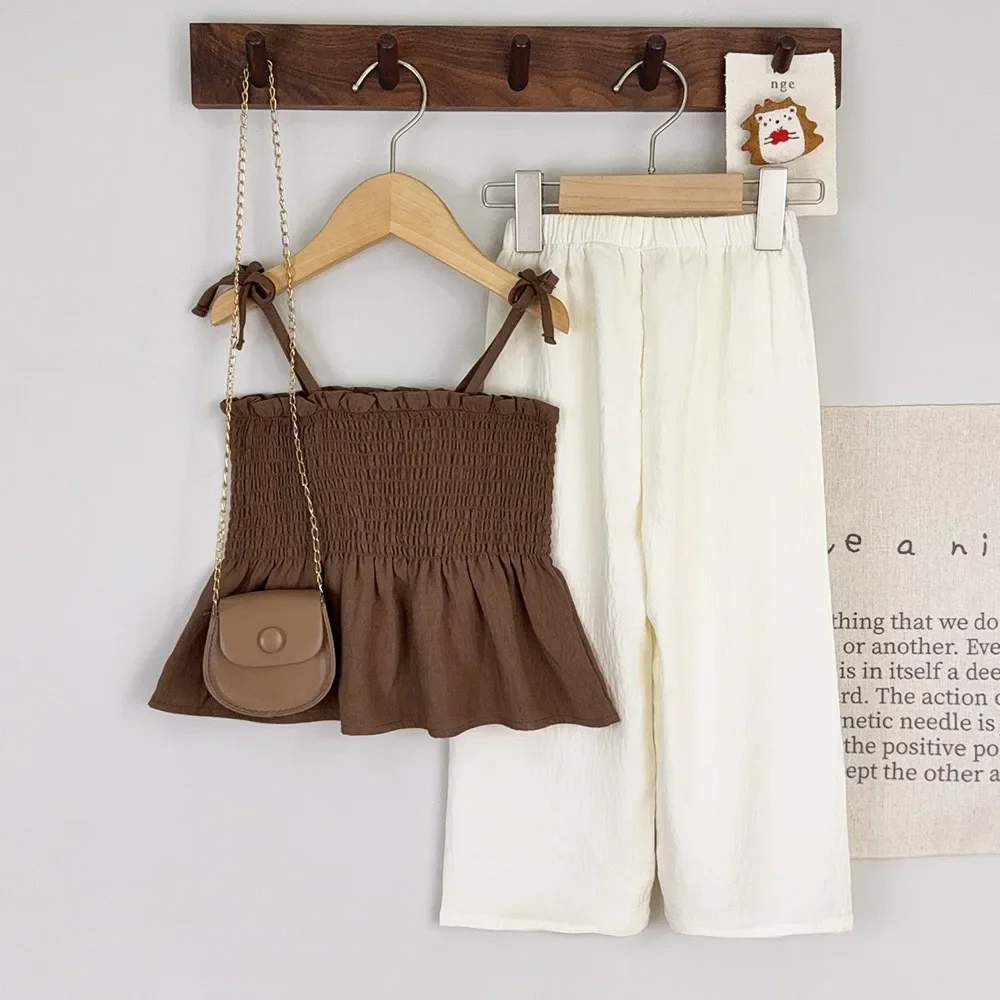 Bär Führer Mädchen Anzug Koreanische Version Sommer Khaki Rüschen Hosenträger T-shirt + Beige Hosen 2Pcs Set 3-7 jahre Kinder Kleidung – Detail 10