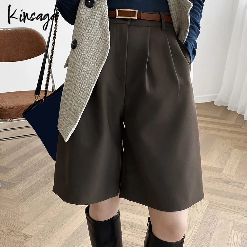 Slouchy Wide Leg Fifth Pants Women Brown Grunge All-match Knee Length Bottoms Classic Chic Five Point Trousers Riped Suit Shorts europe and the united states knee hole jeans women s slim footwear pants beggar pants women s trousers new