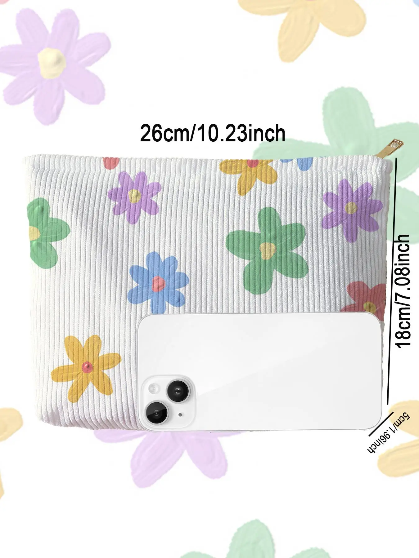 1pc，Floral patterned corduroy zipper makeup bag, lightweight and multifunctional makeup storage bag