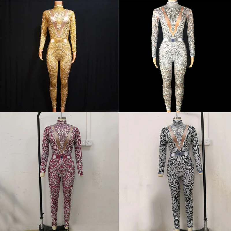 

4 Colors Rhinestones Pearls Jumpsuit Long Sleeves Elastic Romper Women Jazz Gogo Dance Costume Nightclub Rave Outfit DT1010