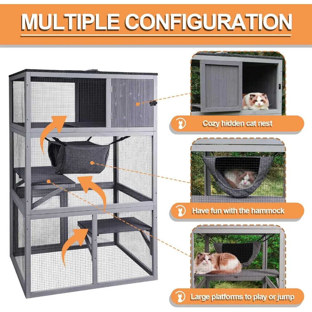 Wooden Cat House, Outdoor 3 Floors Cat Enclosure, Indoor Large Kitten playpen with Hammock，Resting Box, Cage Waterproof Roof