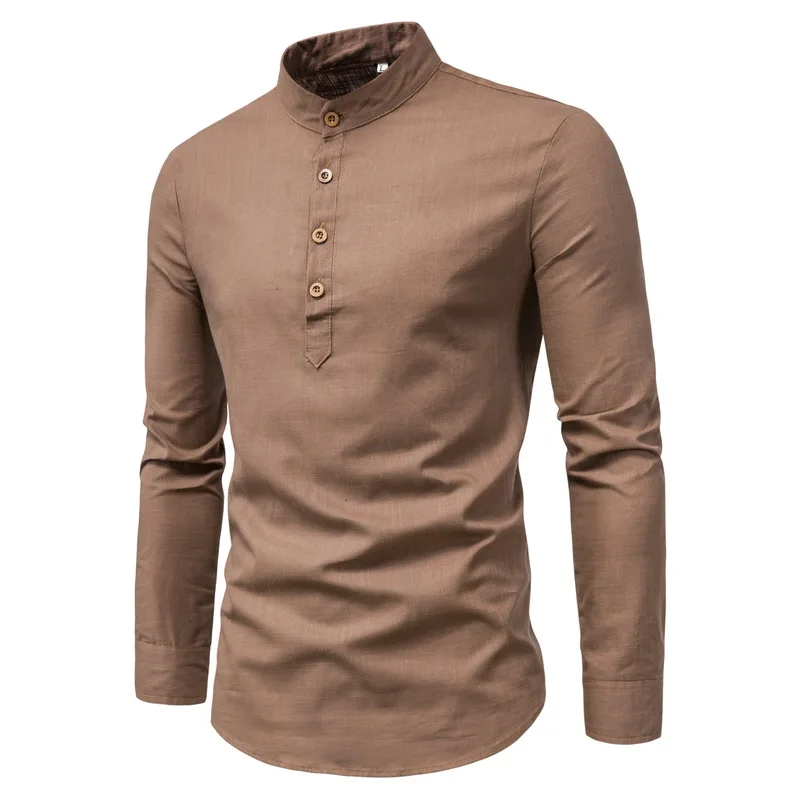 Men Solid Color Stand Shirts Top Breathable Linen Long Sleeved Mens Slim Casual Blouse