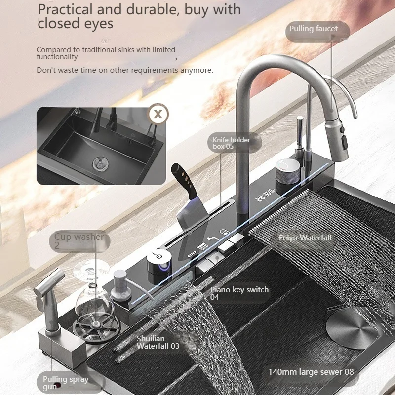 Stainless Steel Waterfall Kitchen Sink Large Single Slot With Knife holder Multifunctional Dishwashing Sinks 2