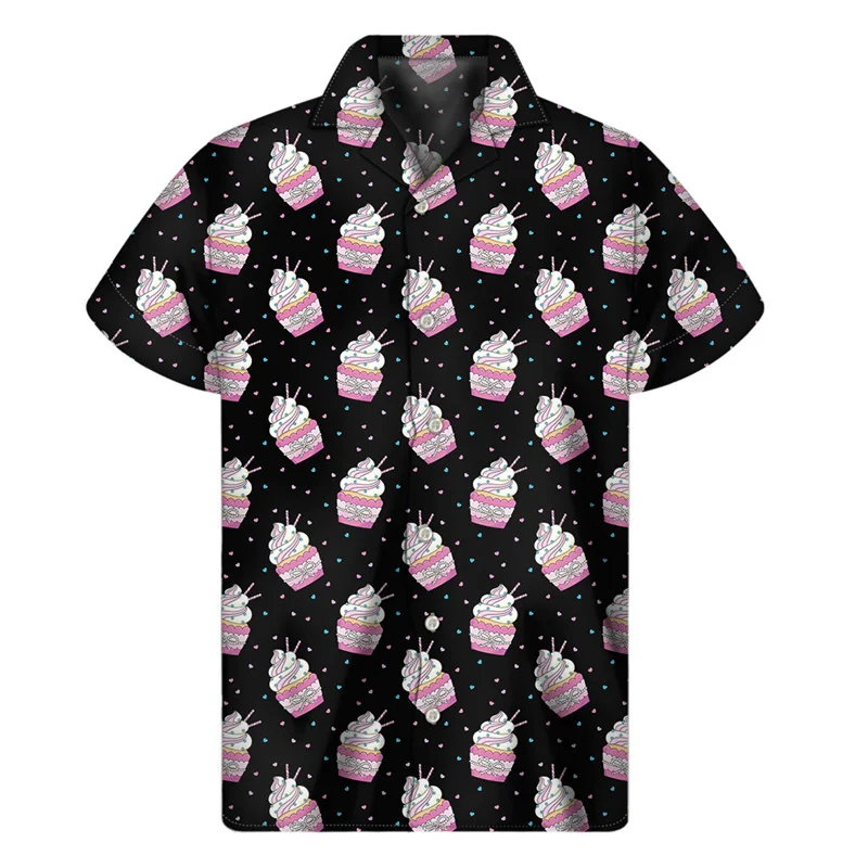 thumbnail image 1 of Camisas hawaianas con estampado 3D de cupcakes de dibujos animados para hombre, camisas con solapa de comida, camisetas holgadas de verano para la calle, blusas de manga corta con botones, 1 of 5